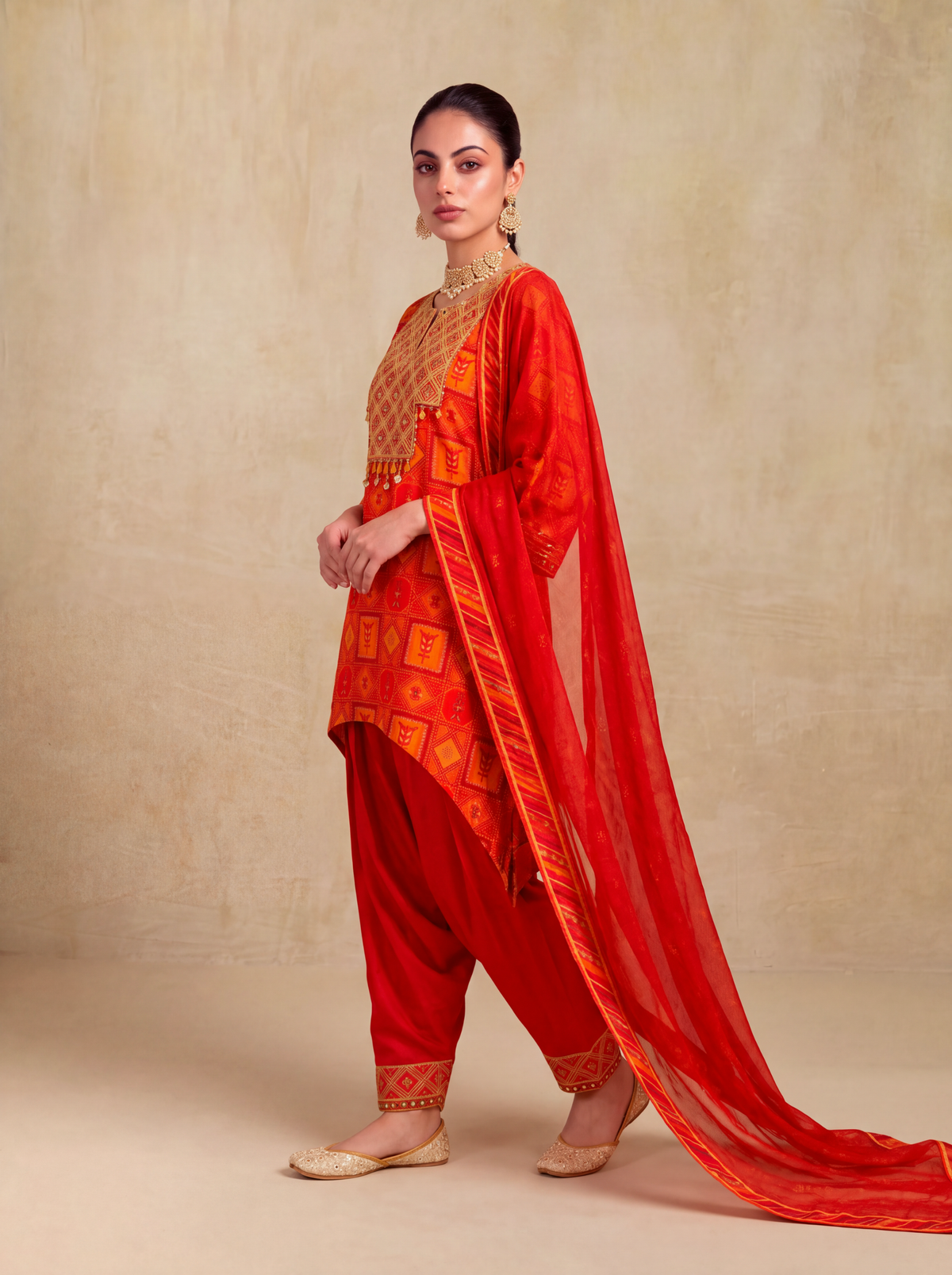 Mehram Asymmetric Kurta Set-Red/Orange