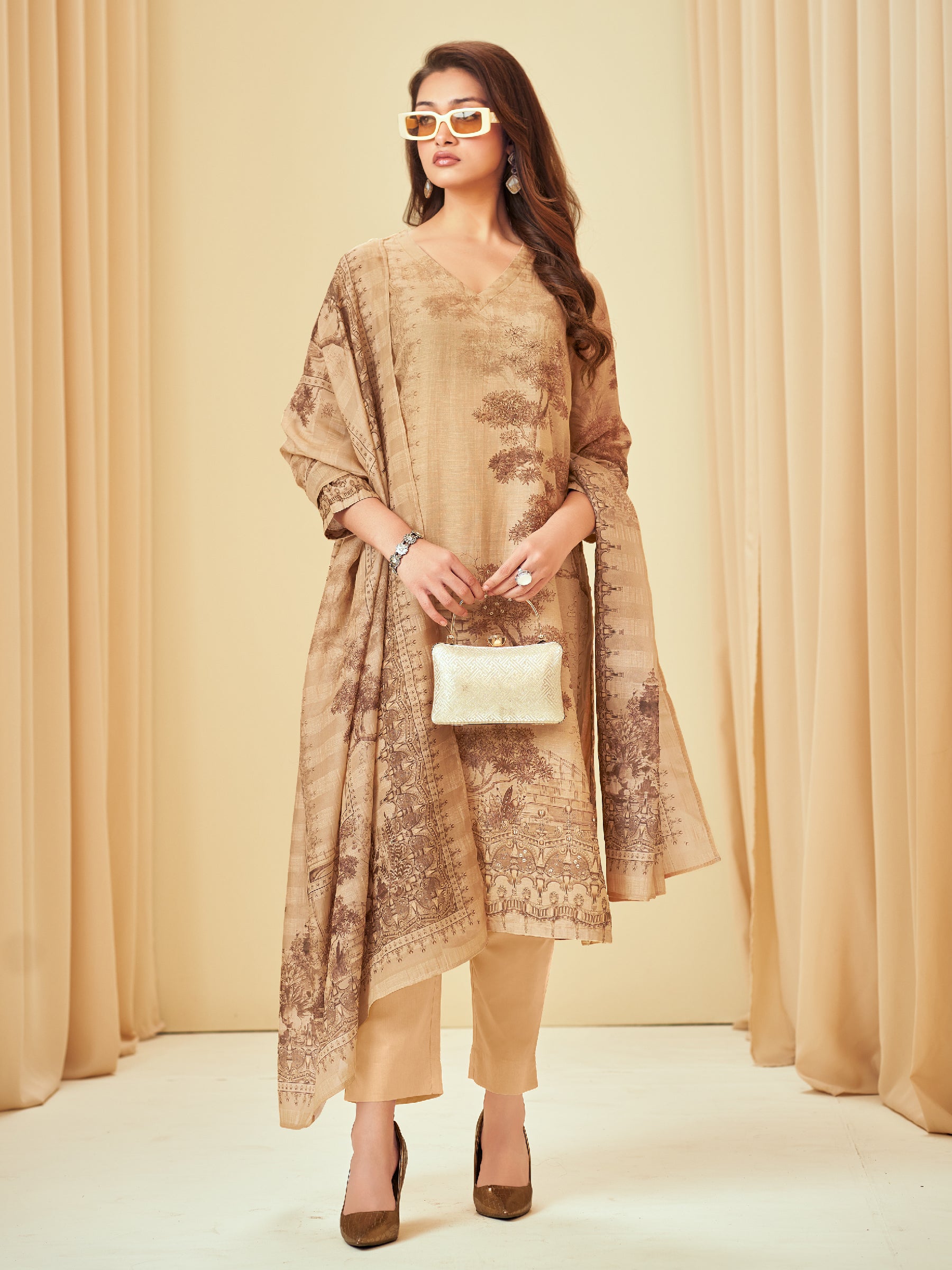 Nishika Unstitched Kurta Set - Brown