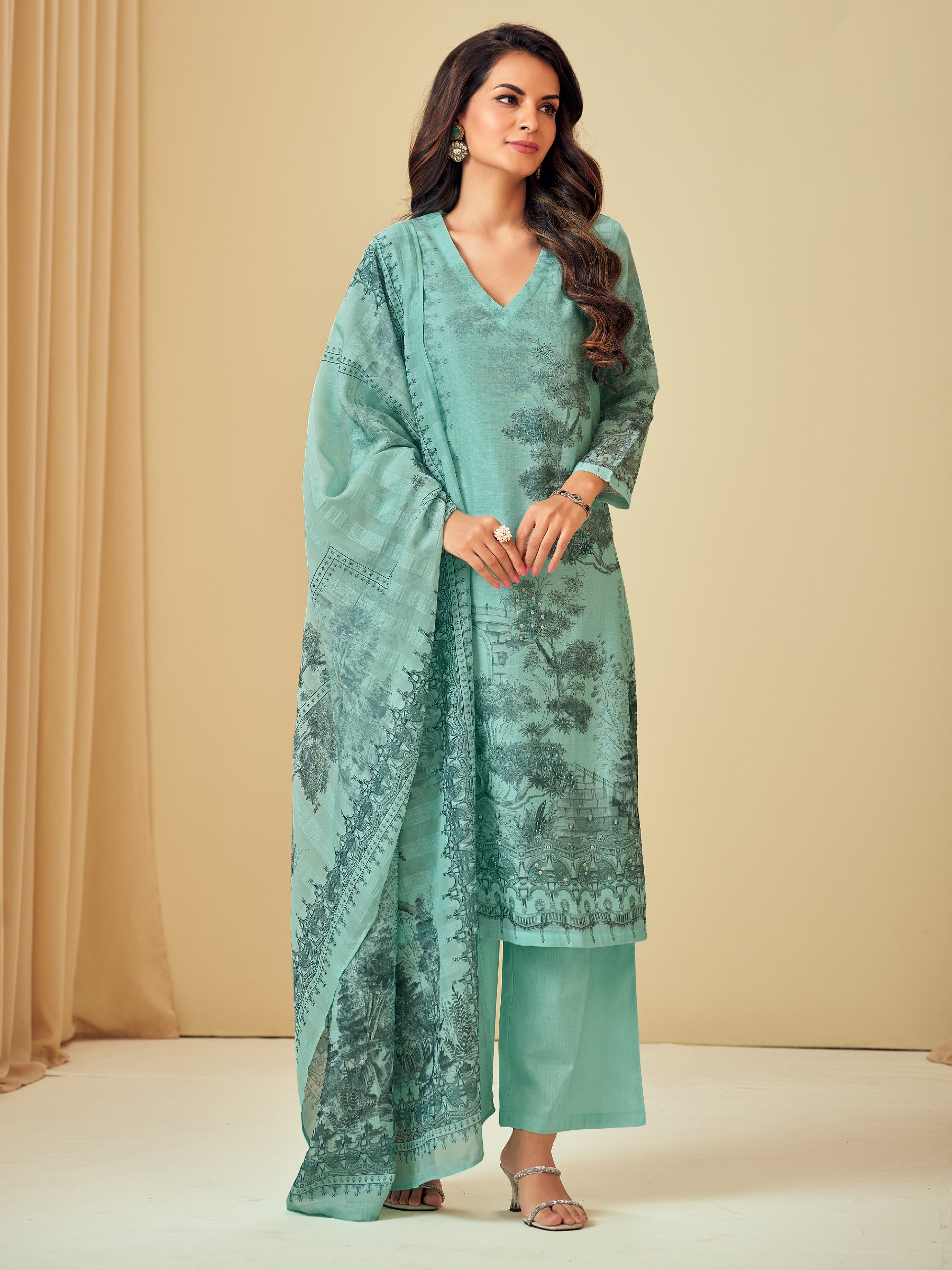 Nishika Unstitched Kurta Set - Aqua