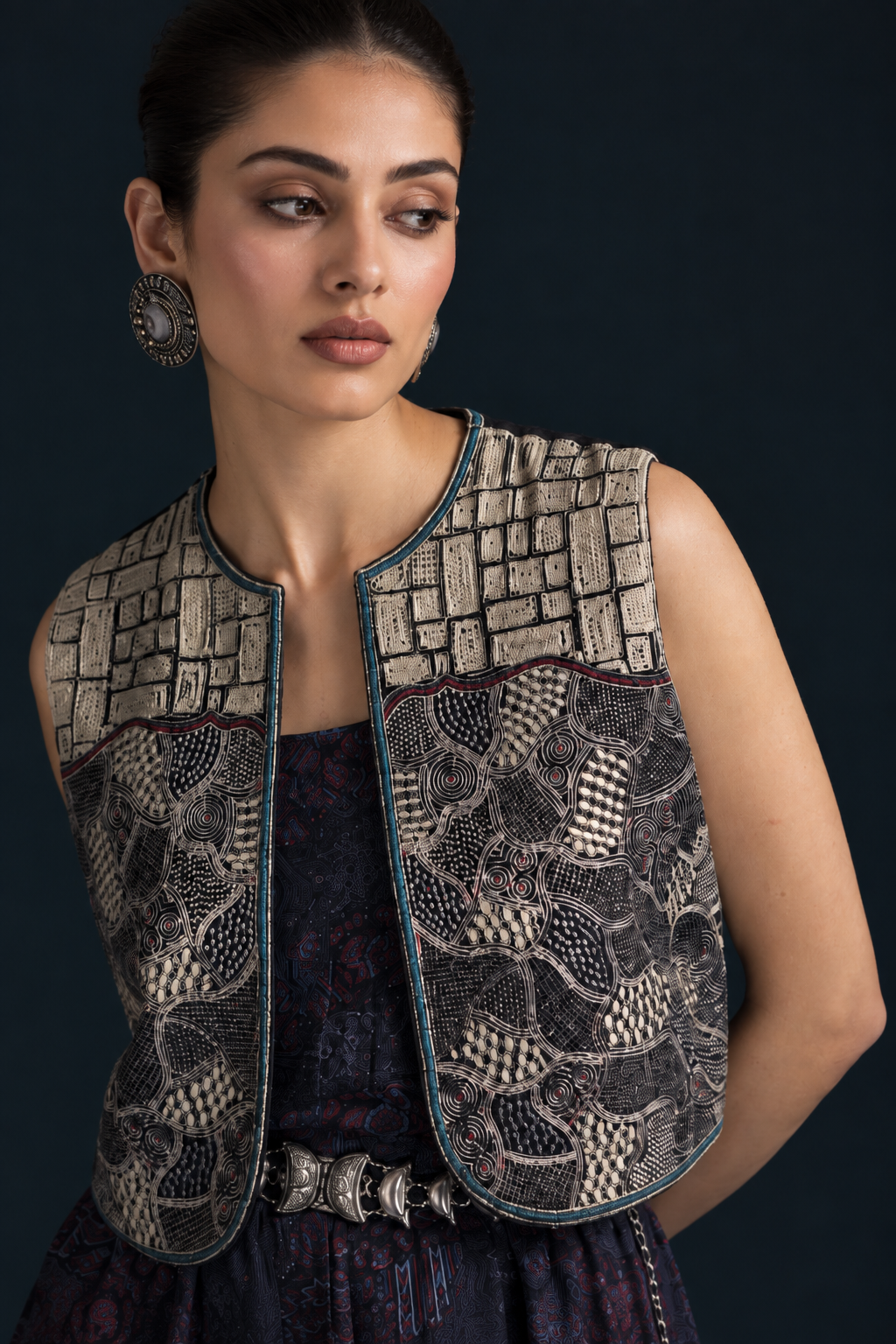 Akhar Ajrakh-Inspired Embroidered Velvet Jacket - Black