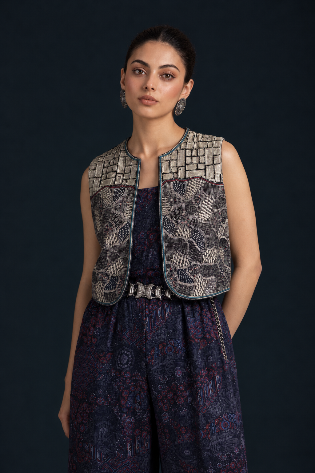 Akhar Ajrakh-Inspired Embroidered Velvet Jacket - Black