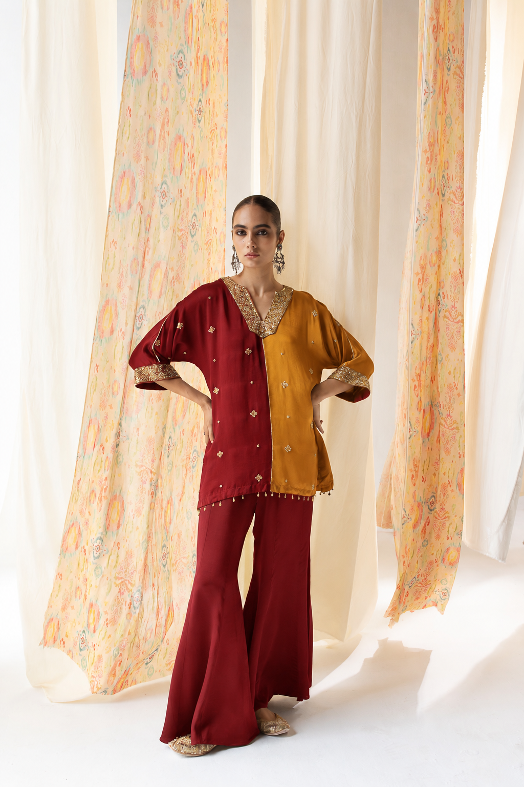 Kimiya Dolman-Sleeve Co-ord Set – Red & Mustard