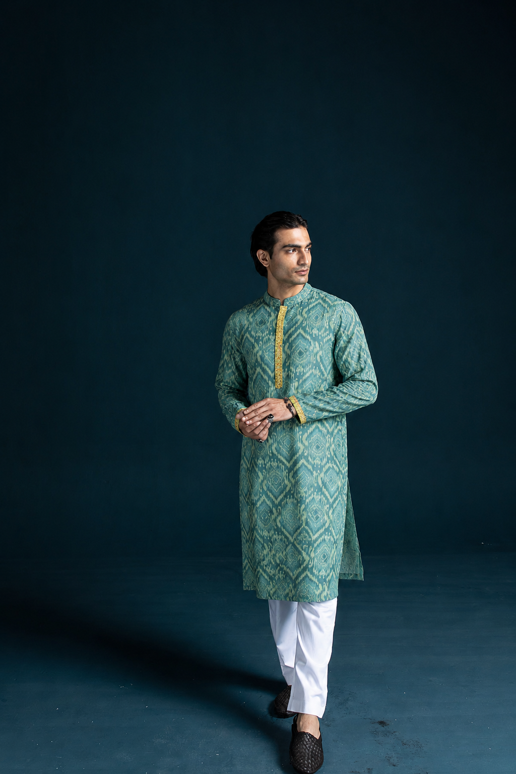 Gumaan Ikat-Inspired Printed Men's Kurta – Teal