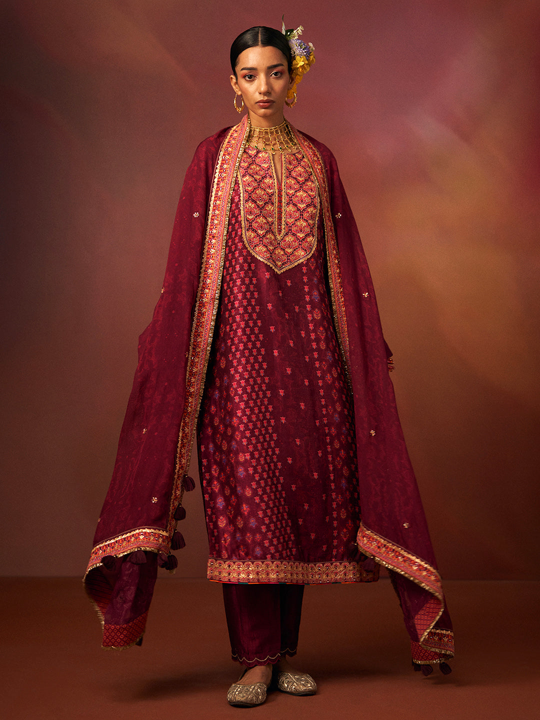 Gulnaaz Kurta Set with Dupatta - Wine