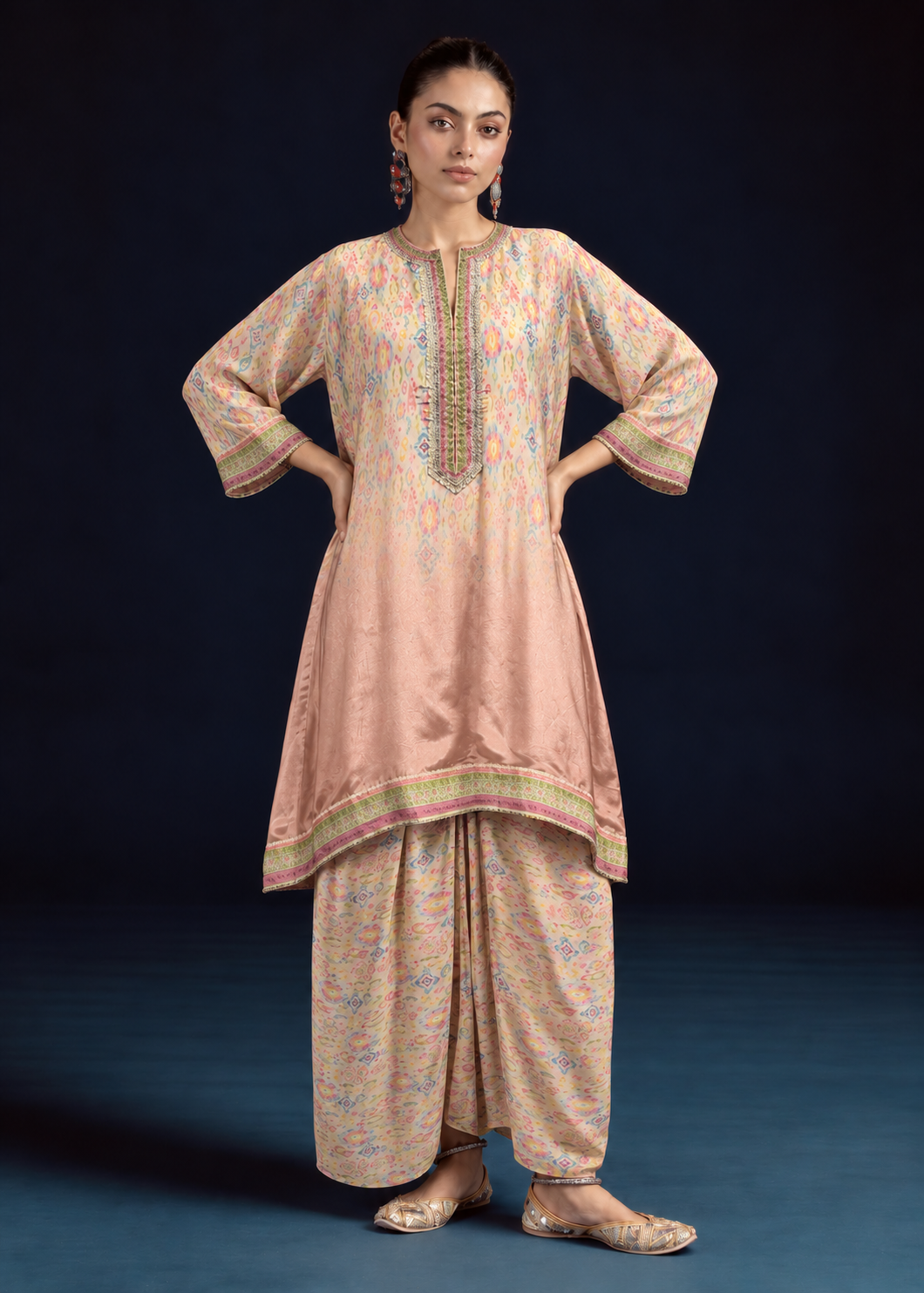 Aroha Ikat-inspired kurta set - Peach/yellow