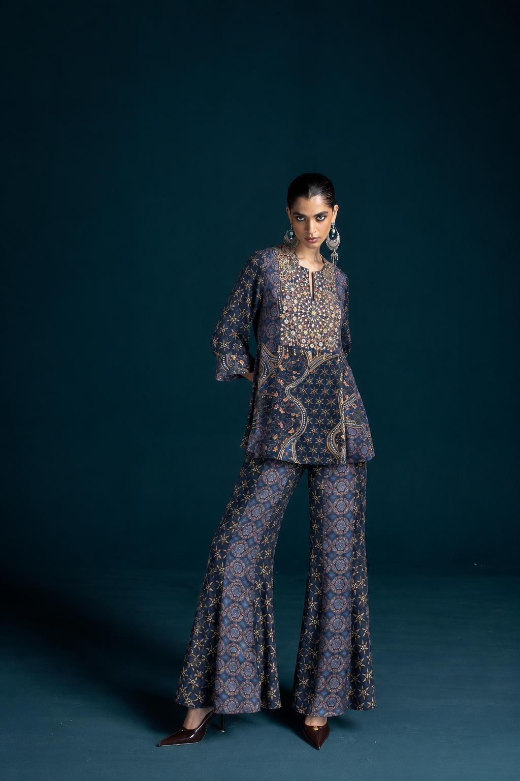 Nazm Ajrakh-Inspired Tunic & Palazzo Co-ord Set – Navy Blue