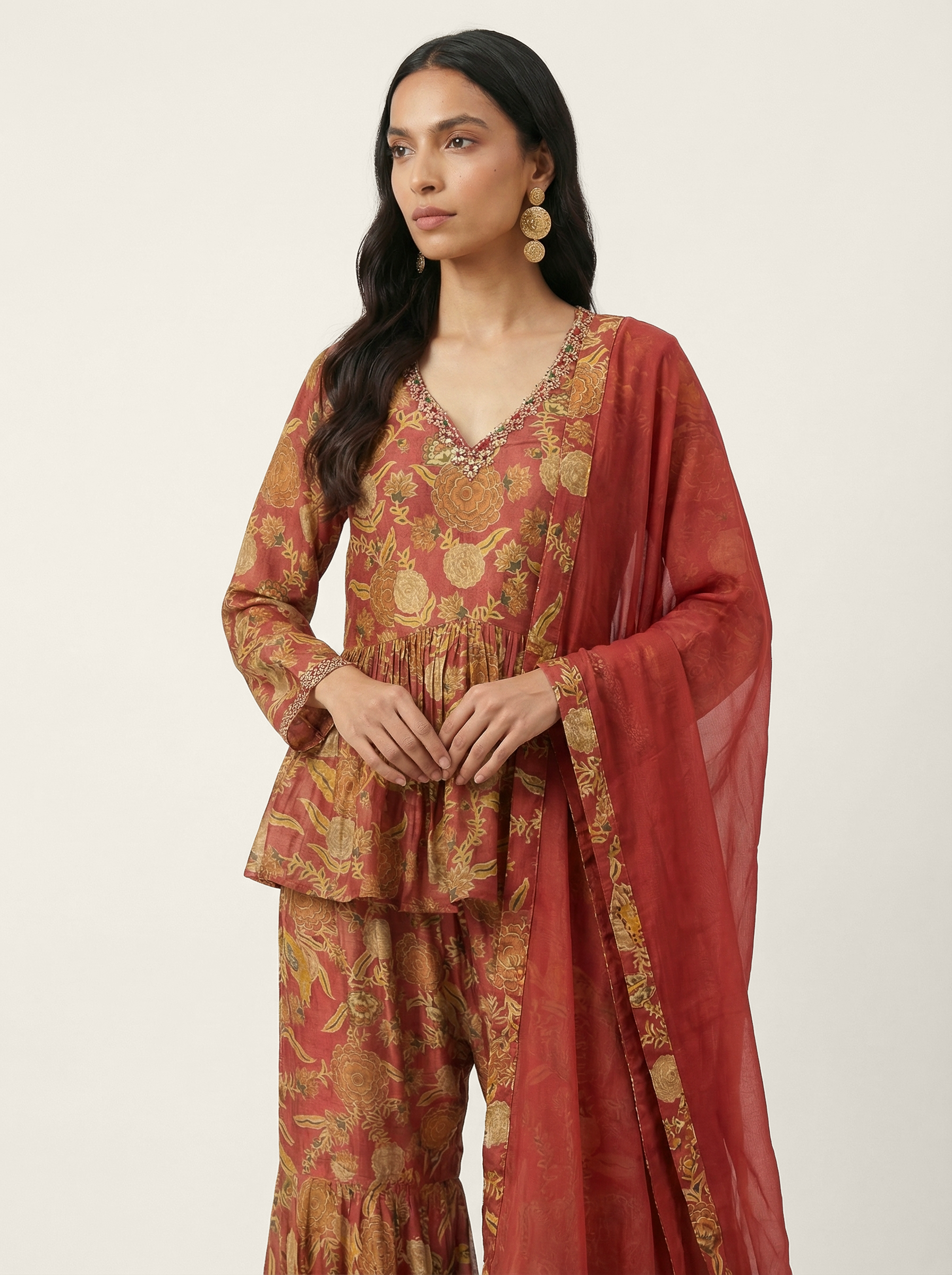 Gulnaar Kurta Sharara Set - Rust