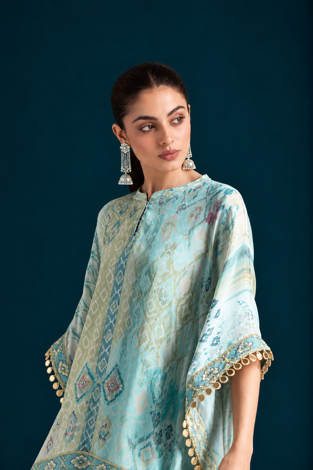 Mehr Ikat-Inspired Kaftan & Dhoti Co-ord Set - Mint