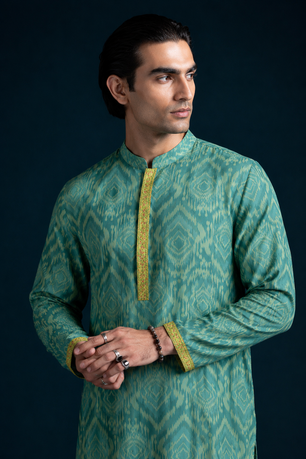 Gumaan Ikat-Inspired Printed Men's Kurta – Teal