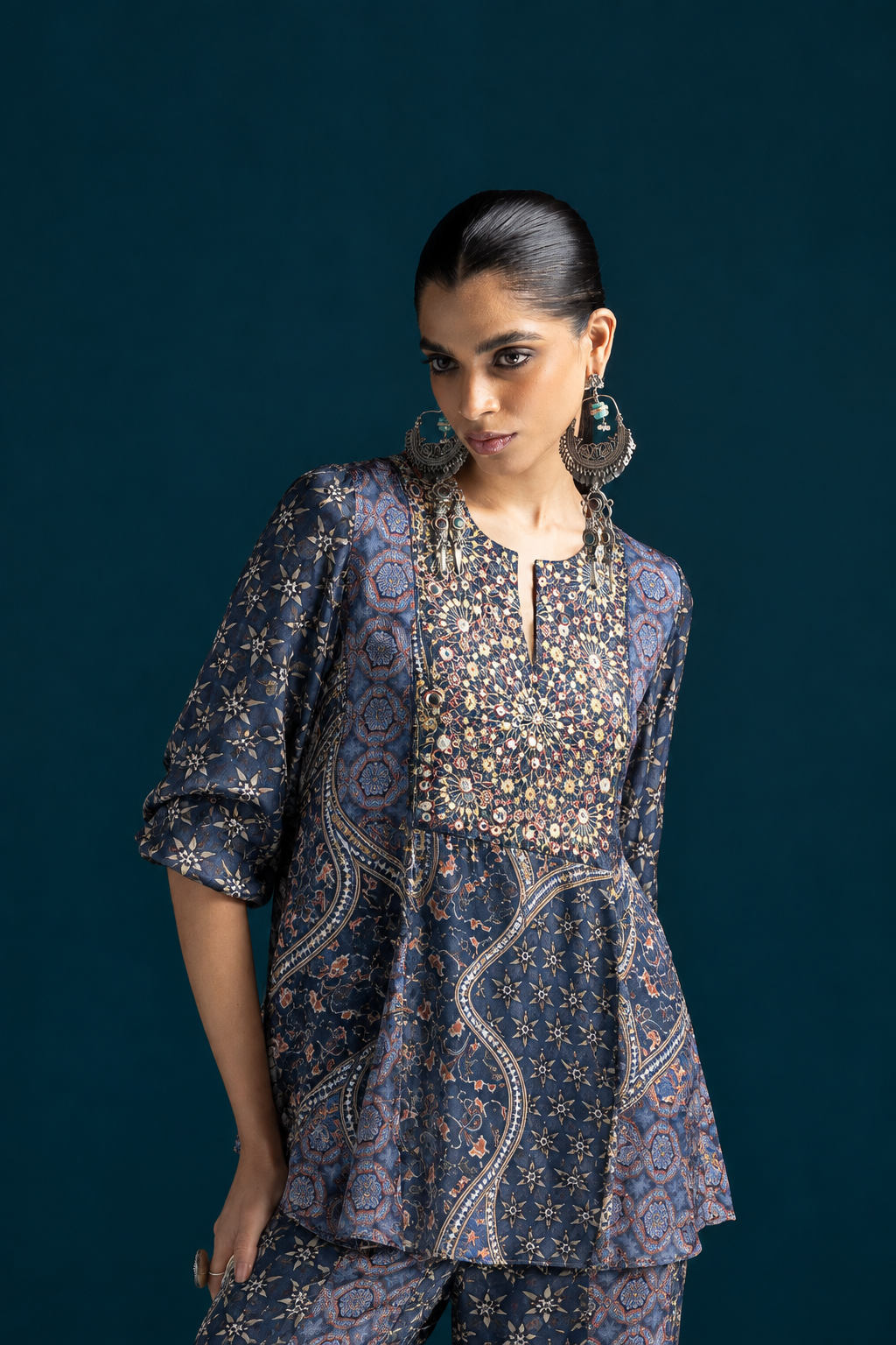 Nazm Ajrakh-Inspired Tunic & Palazzo Co-ord Set – Navy Blue