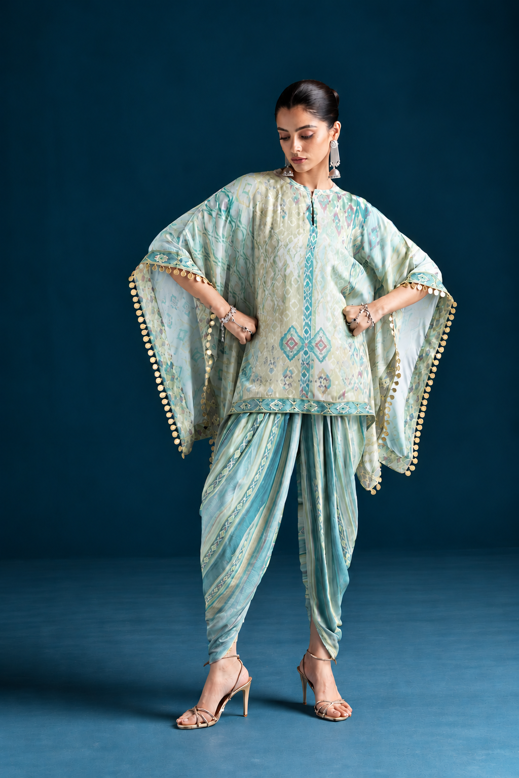 Mehr Ikat-Inspired Kaftan & Dhoti Co-ord Set - Mint
