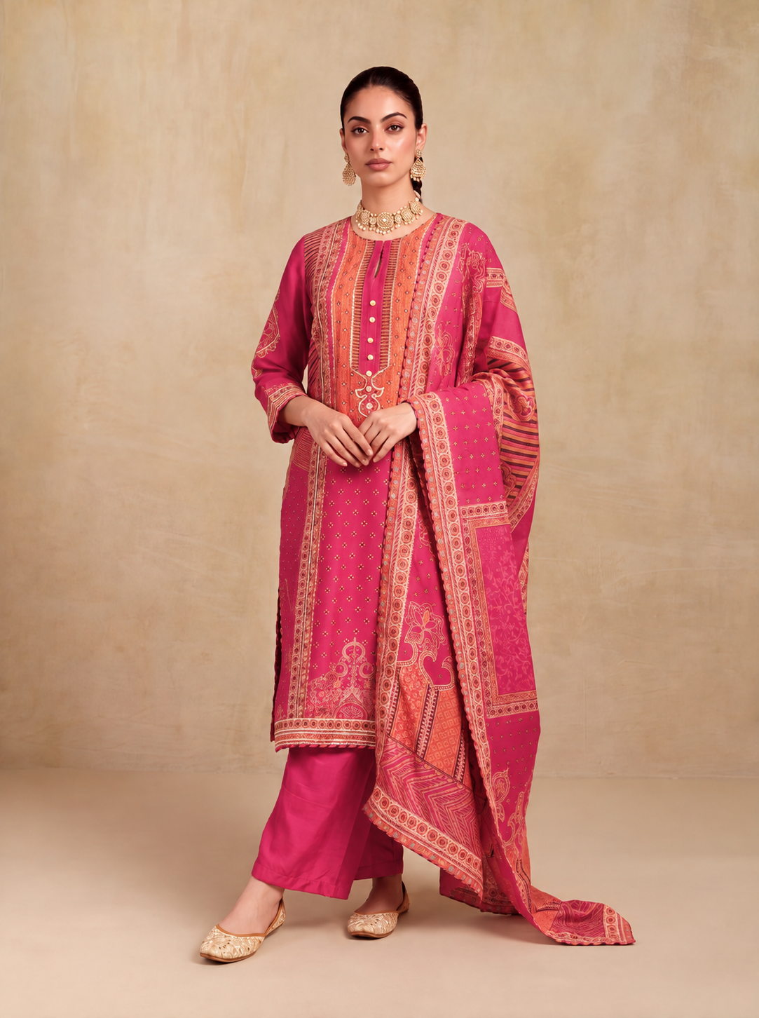 Miraas Embroidered Kurta Set-Pink