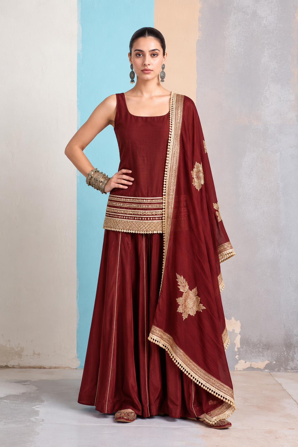 Katha Kalamkari-inspired kurta set-Maroon