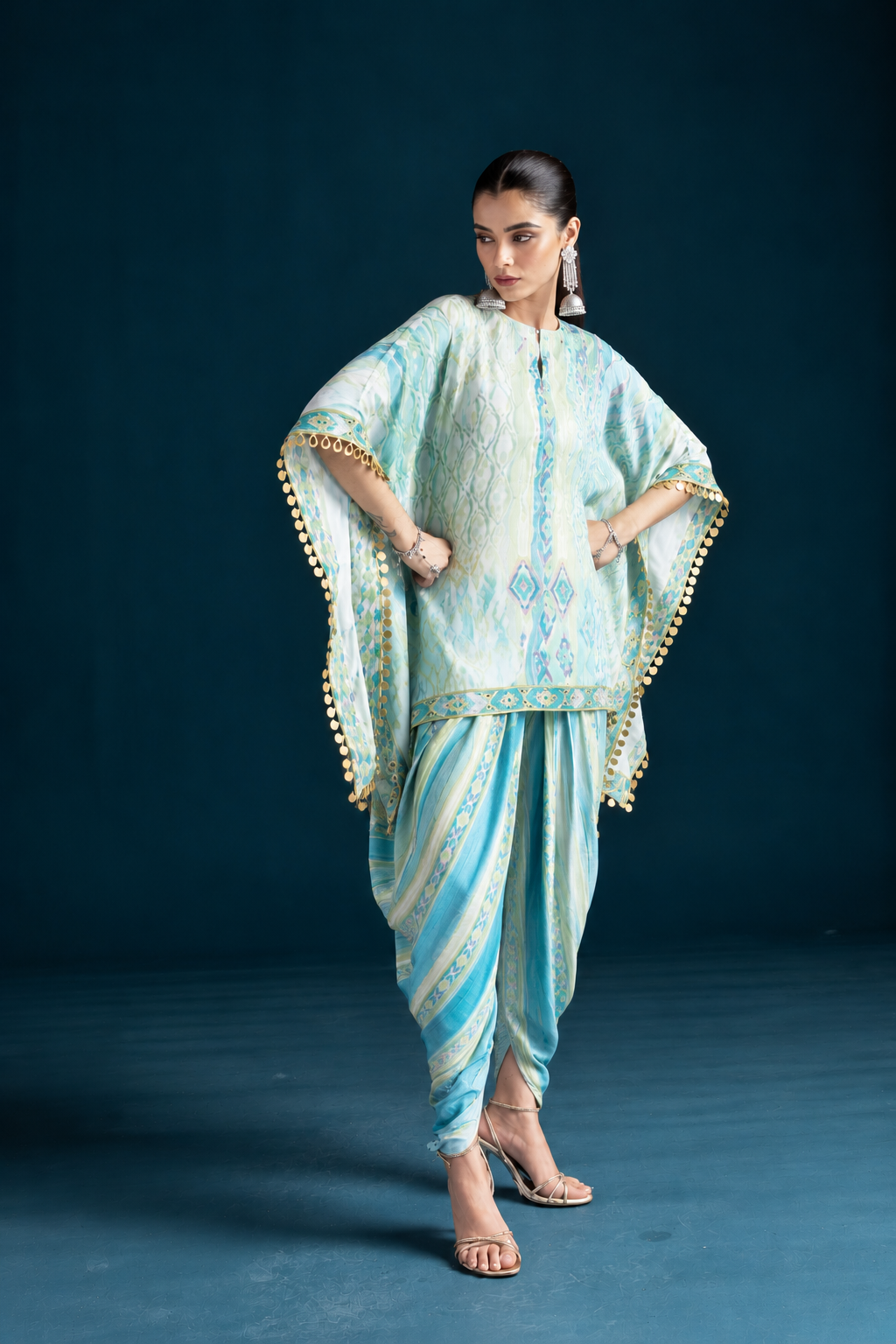Mehr Ikat-Inspired Kaftan & Dhoti Co-ord Set - Mint