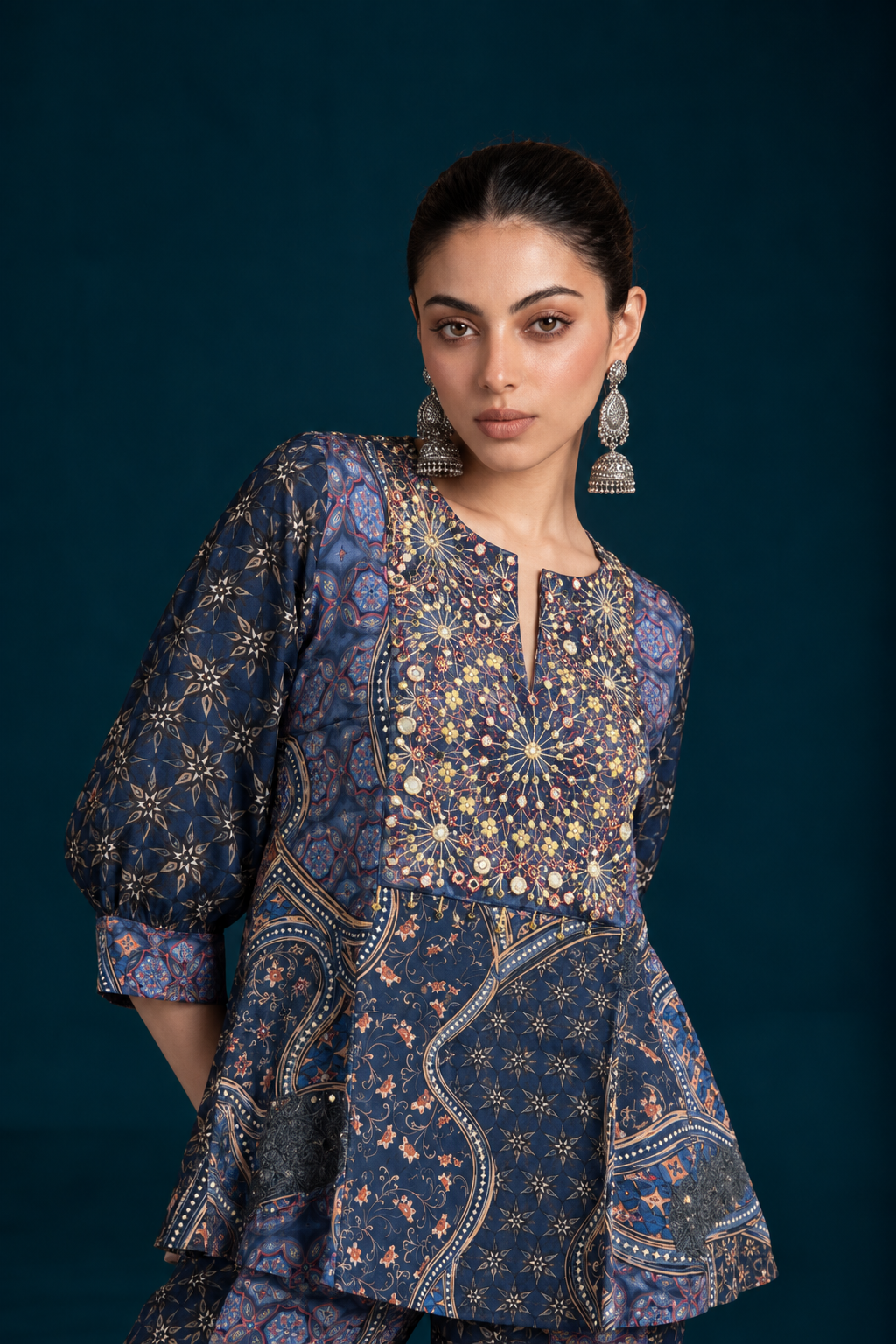 Nazm Ajrakh-Inspired Tunic & Palazzo Co-ord Set - Navy Blue