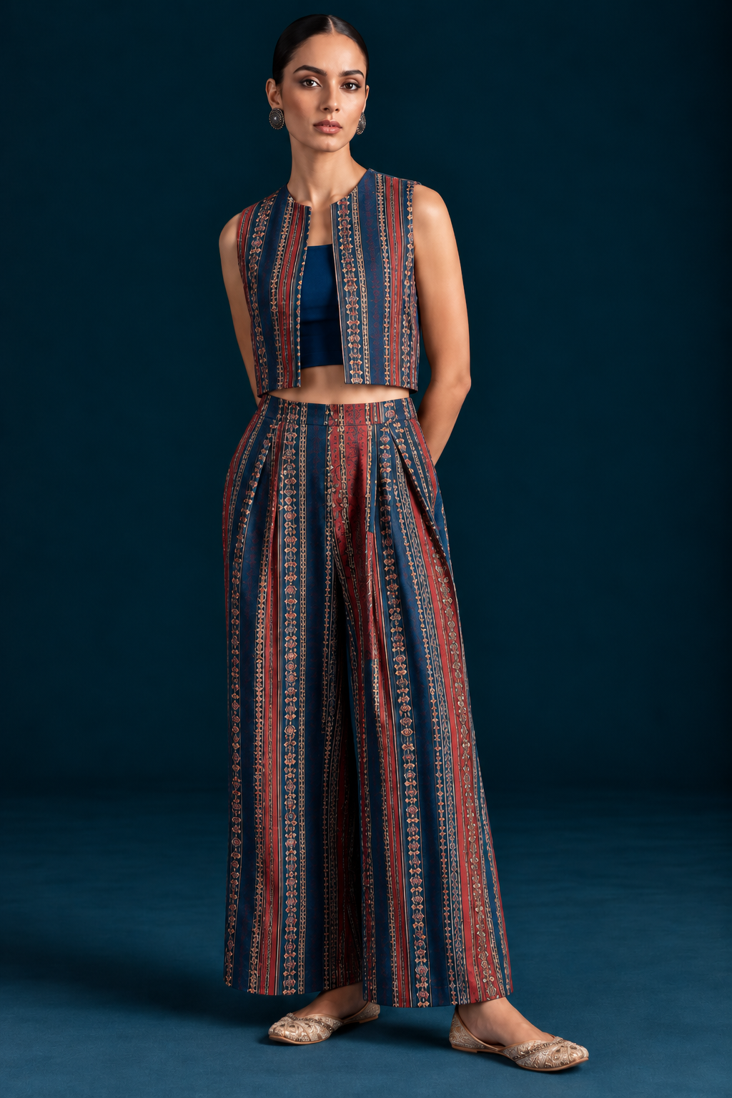 Teela Kalamkari-inspired Co-ord Set with Jacket - Teal