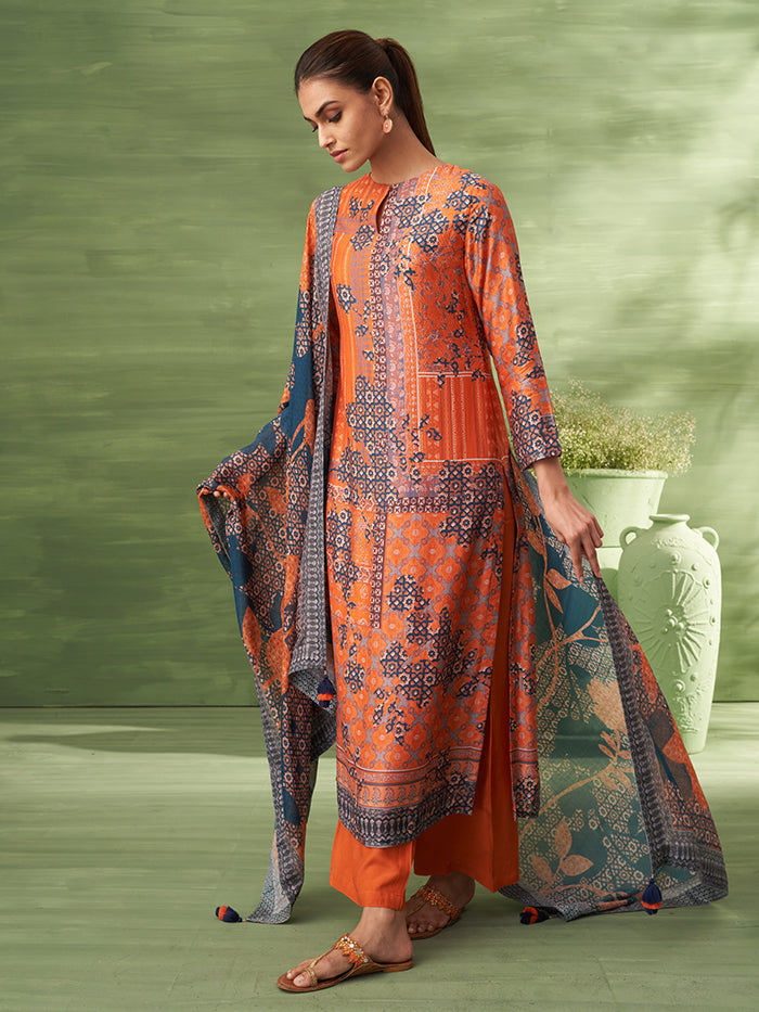 Sitara Unstitched Kurta Set - Orange & Blue