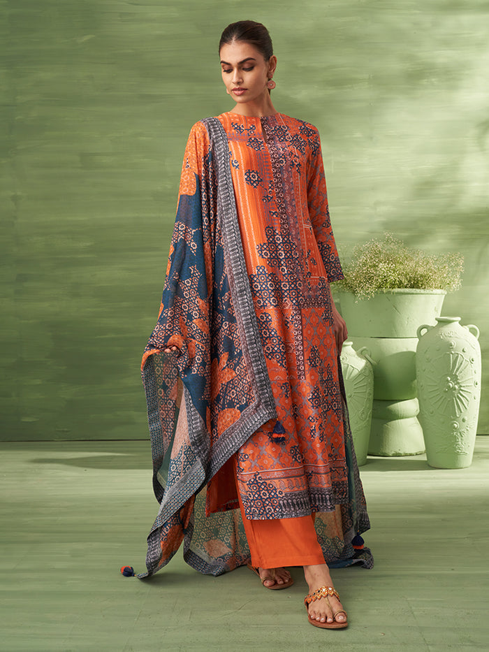 Sitara Unstitched Kurta Set - Orange & Blue