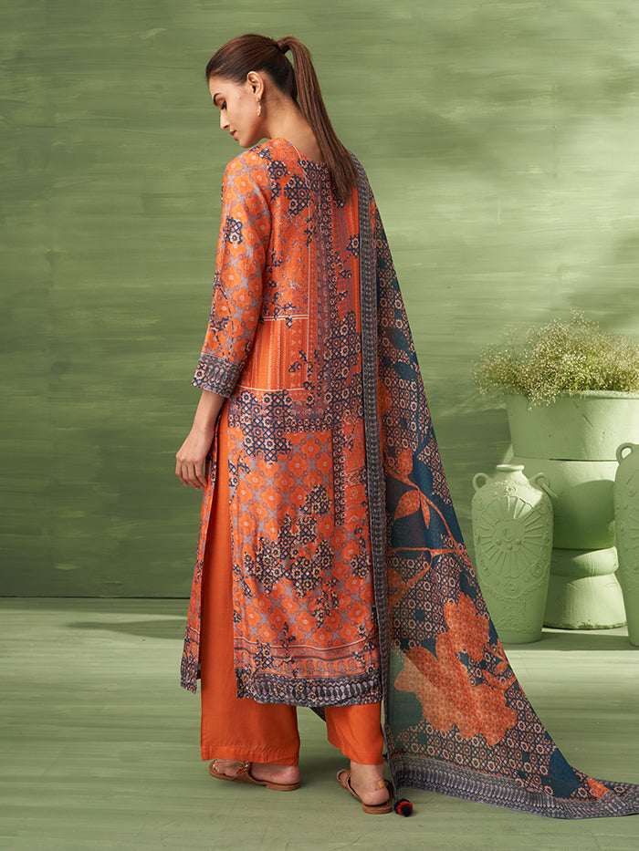 Sitara Unstitched Kurta Set - Orange & Blue