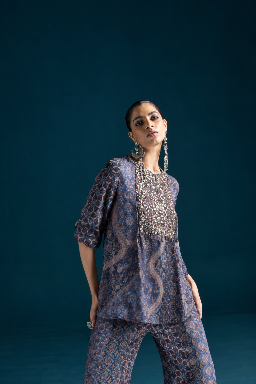 Nazm Ajrakh-Inspired Tunic & Palazzo Co-ord Set – Navy Blue