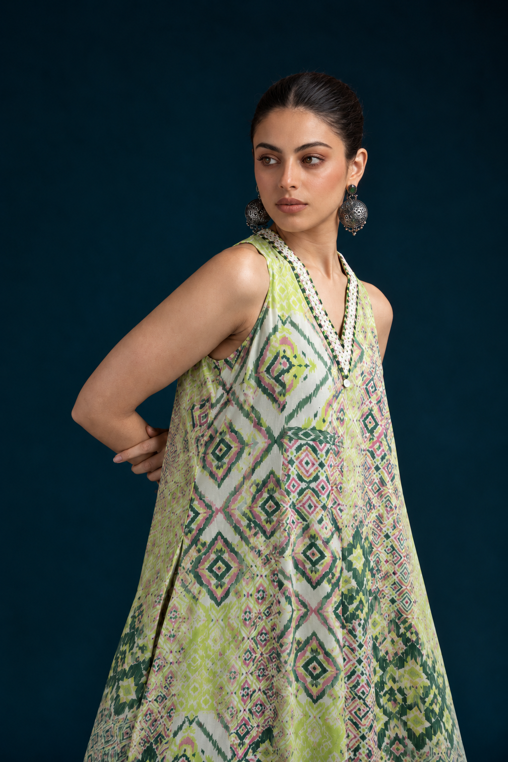 Mahru Ikat-Inspired Flared Jumpsuit - Green