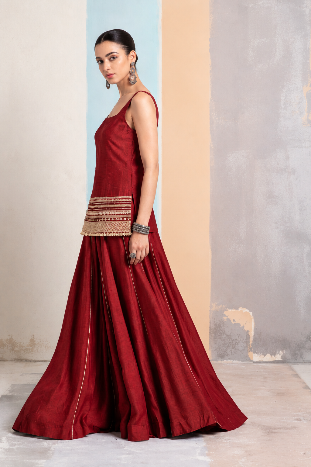 Katha Kalamkari-inspired kurta set-Maroon