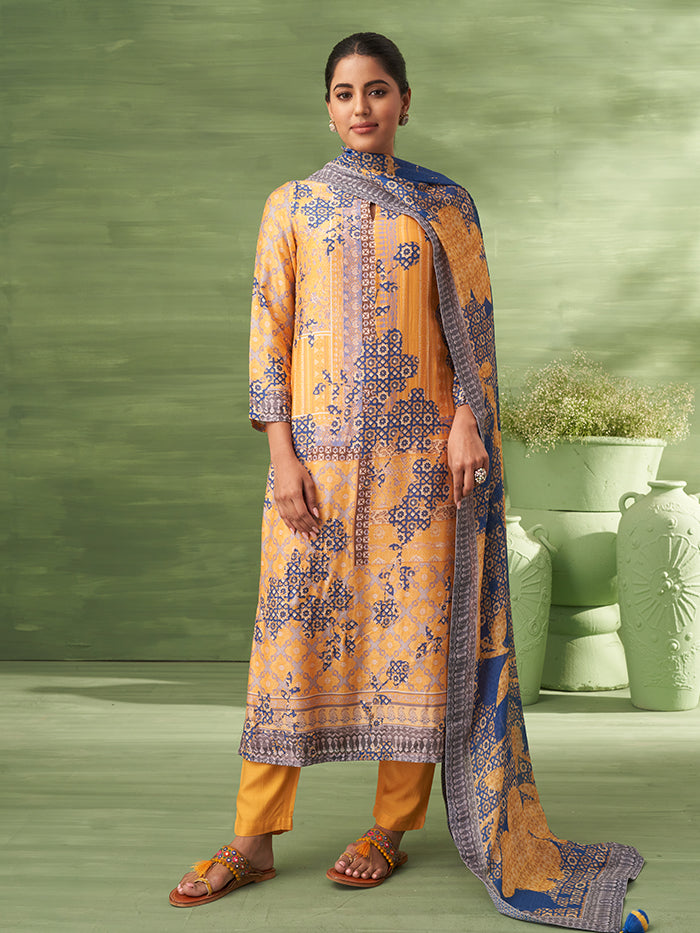 Sitara Unstitched Kurta Set - Yellow & Blue