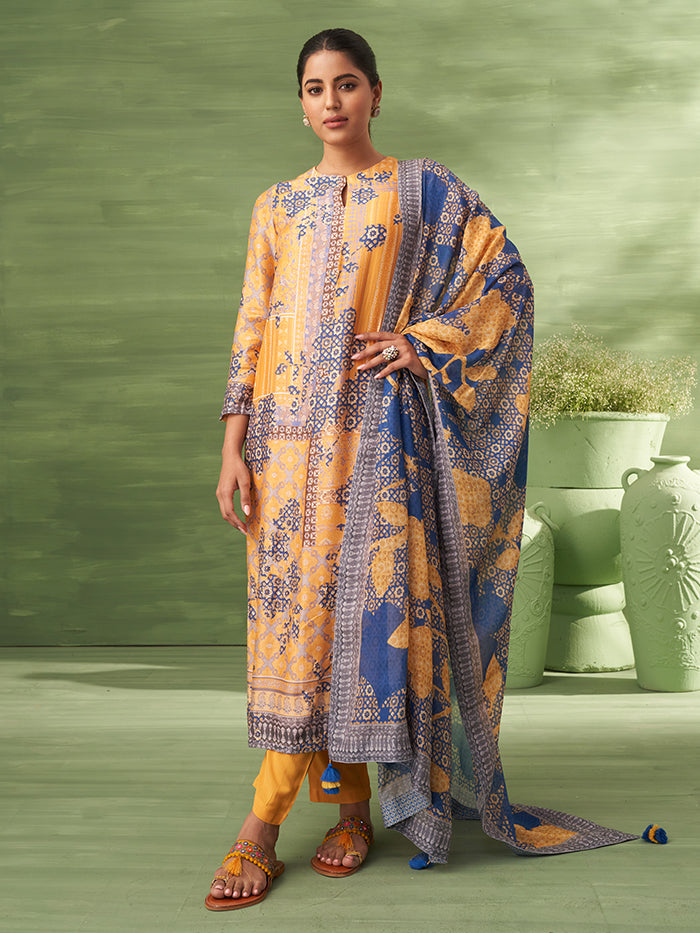 Sitara Unstitched Kurta Set - Yellow & Blue