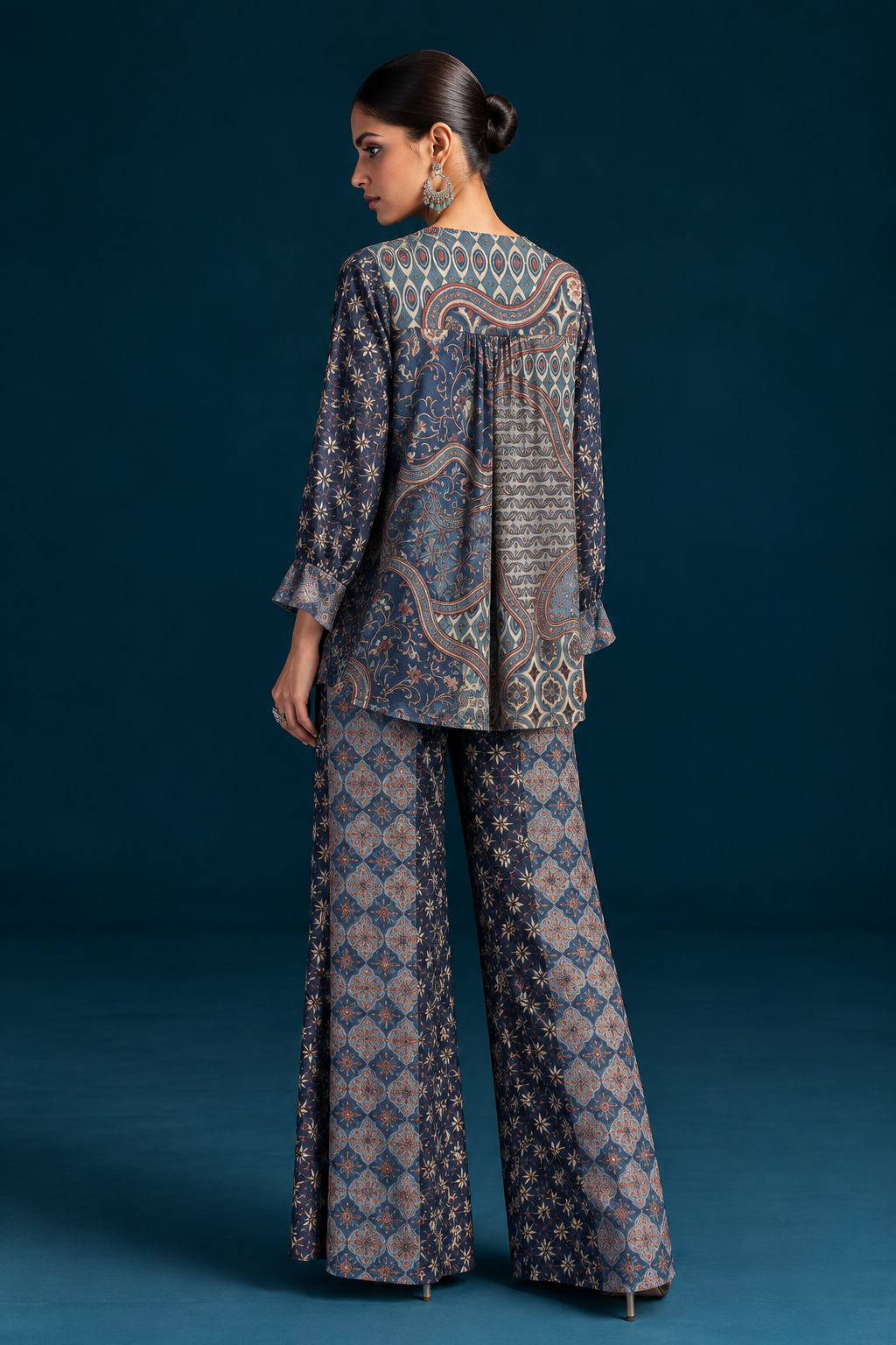 Nazm Ajrakh-Inspired Tunic & Palazzo Co-ord Set – Navy Blue