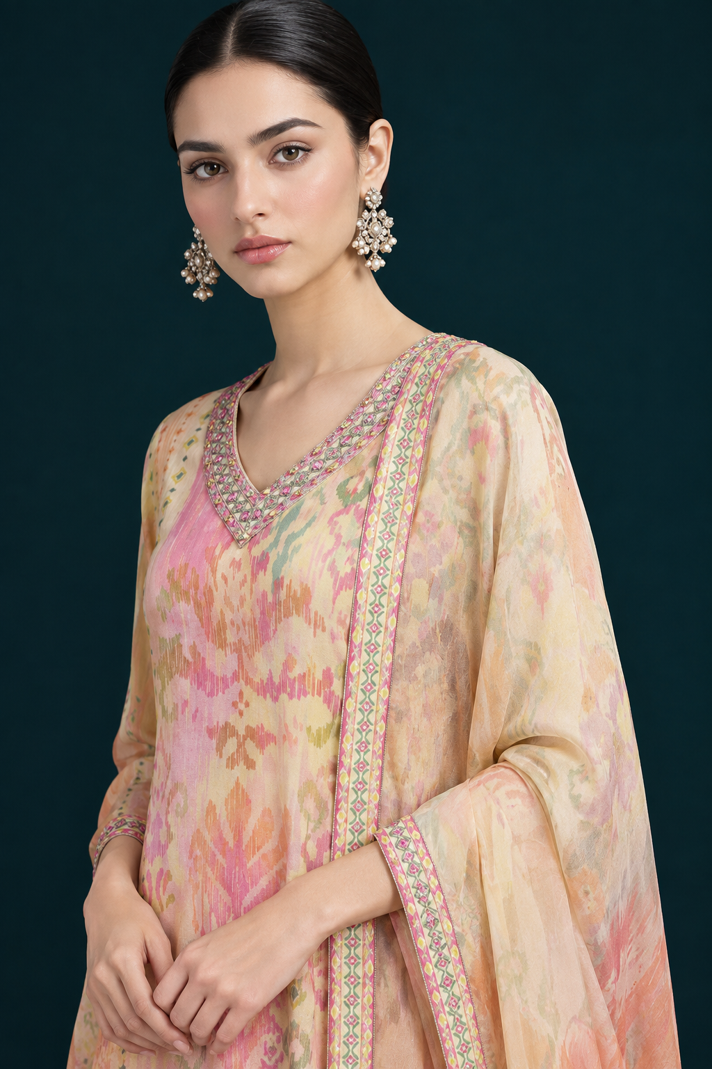 Zoya Ikat-inspired kurta set-Peach/yellow