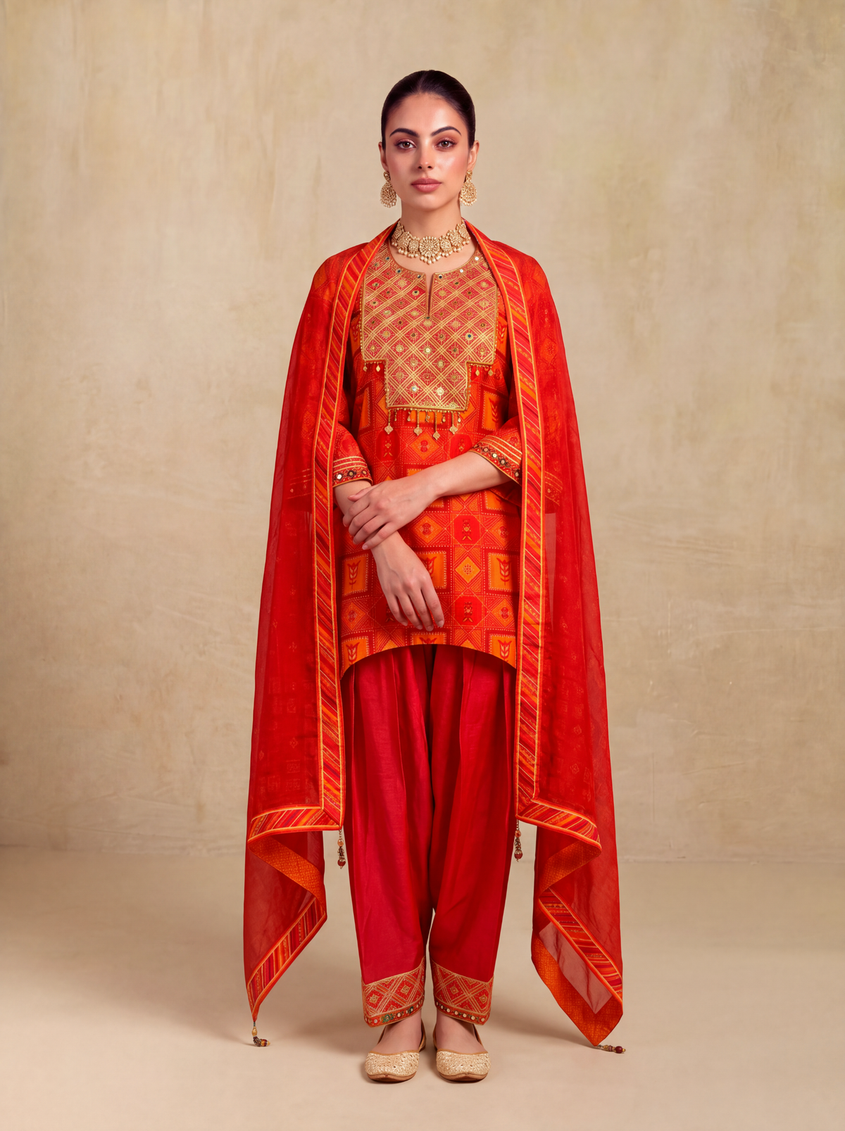 Mehram Asymmetric Kurta Set-Red/Orange