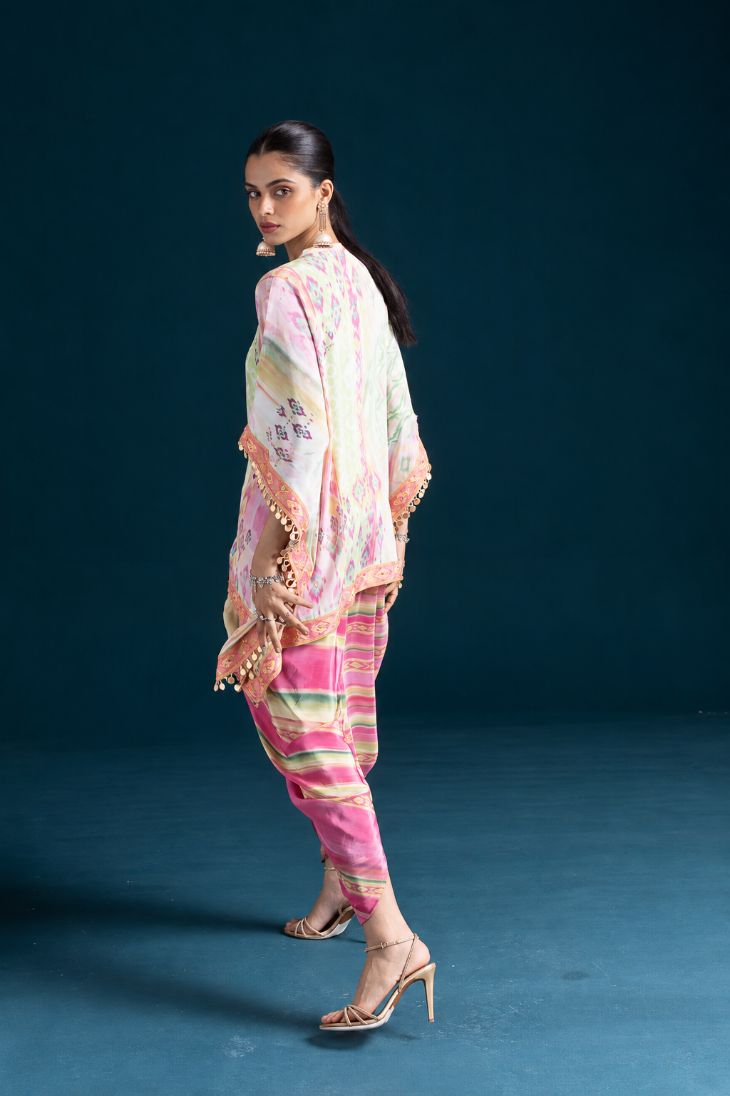Mehr Ikat-Inspired Kaftan & Dhoti Co-ord Set - Pink