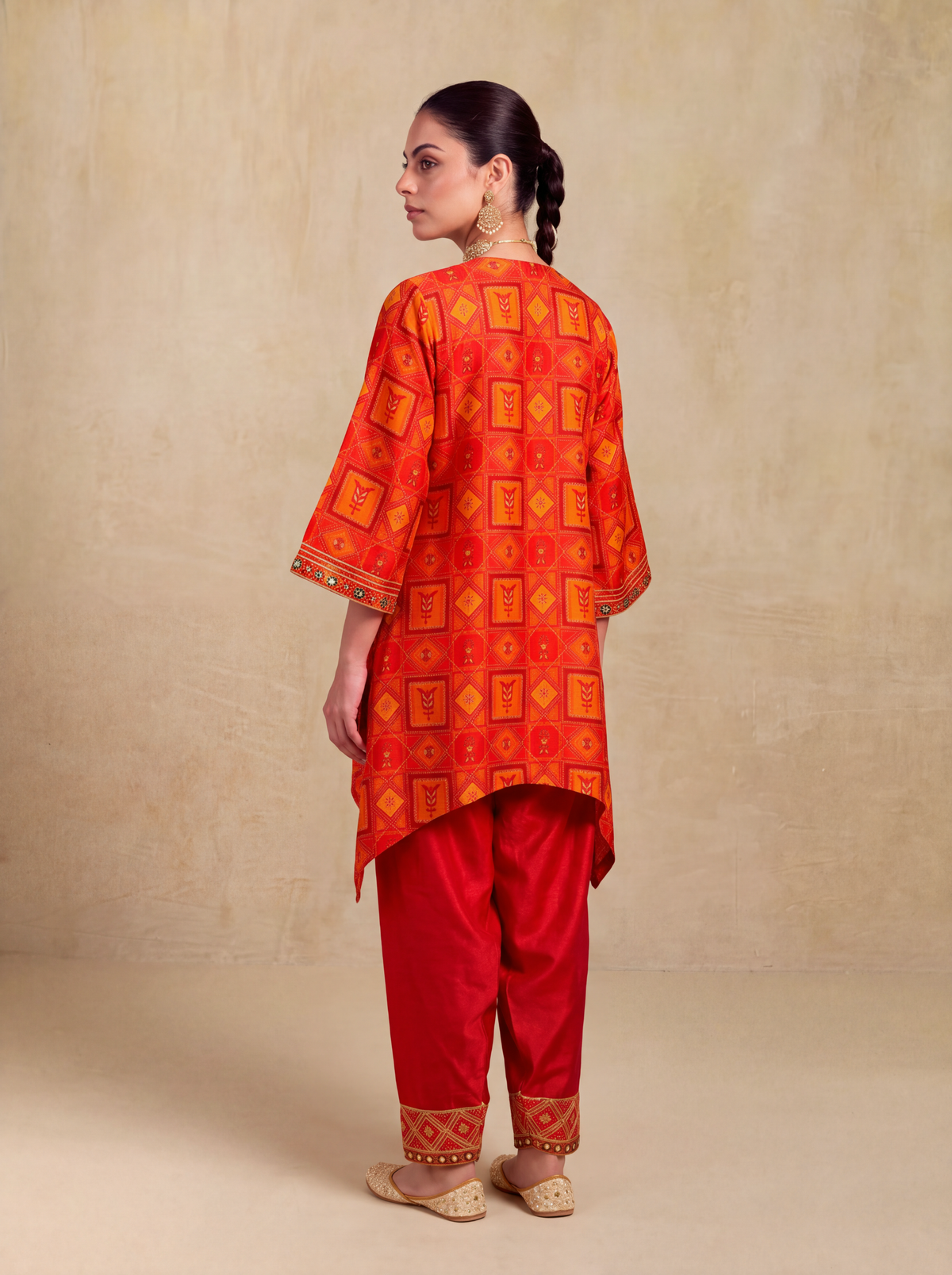 Mehram Asymmetric Kurta Set-Red/Orange