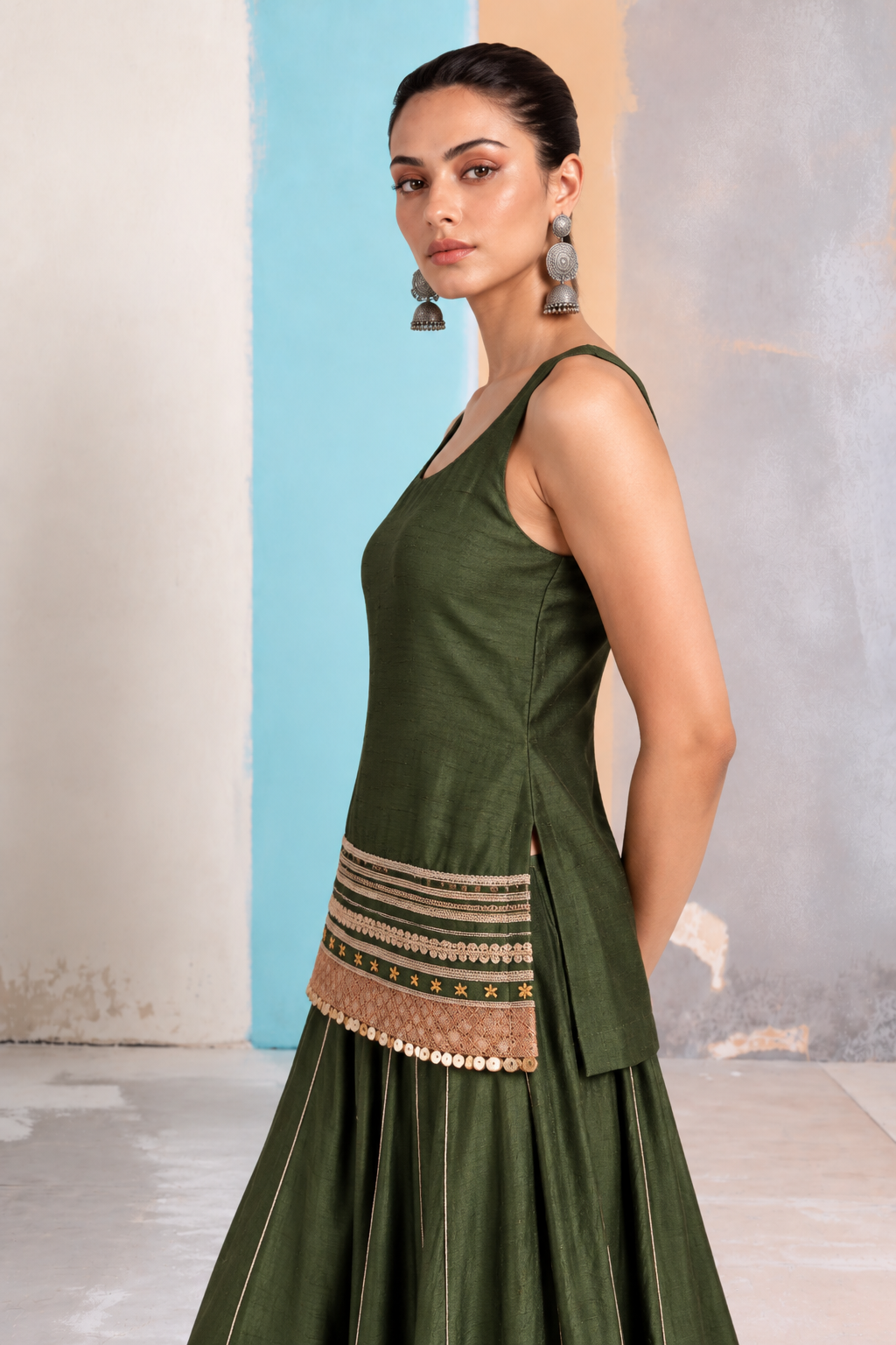 Zehn Kalamkari-inspired kurta set -Olive