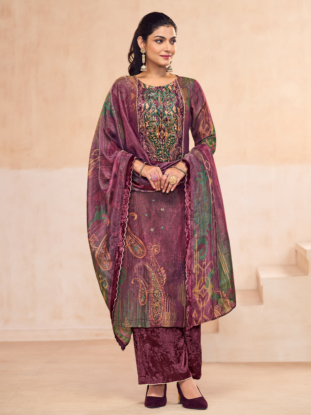 Ahvi Kurta Set with Dupatta - Wine