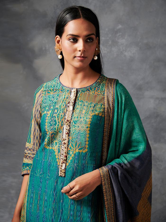 Alaay Blue Green Kurta Set with Dupatta