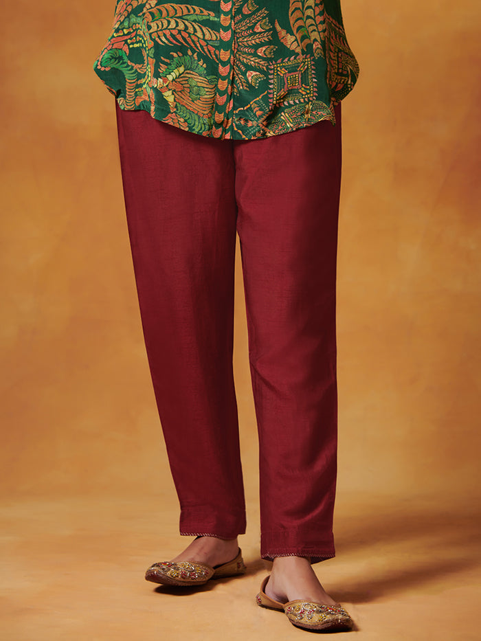 Maroon Silk Straight Pants