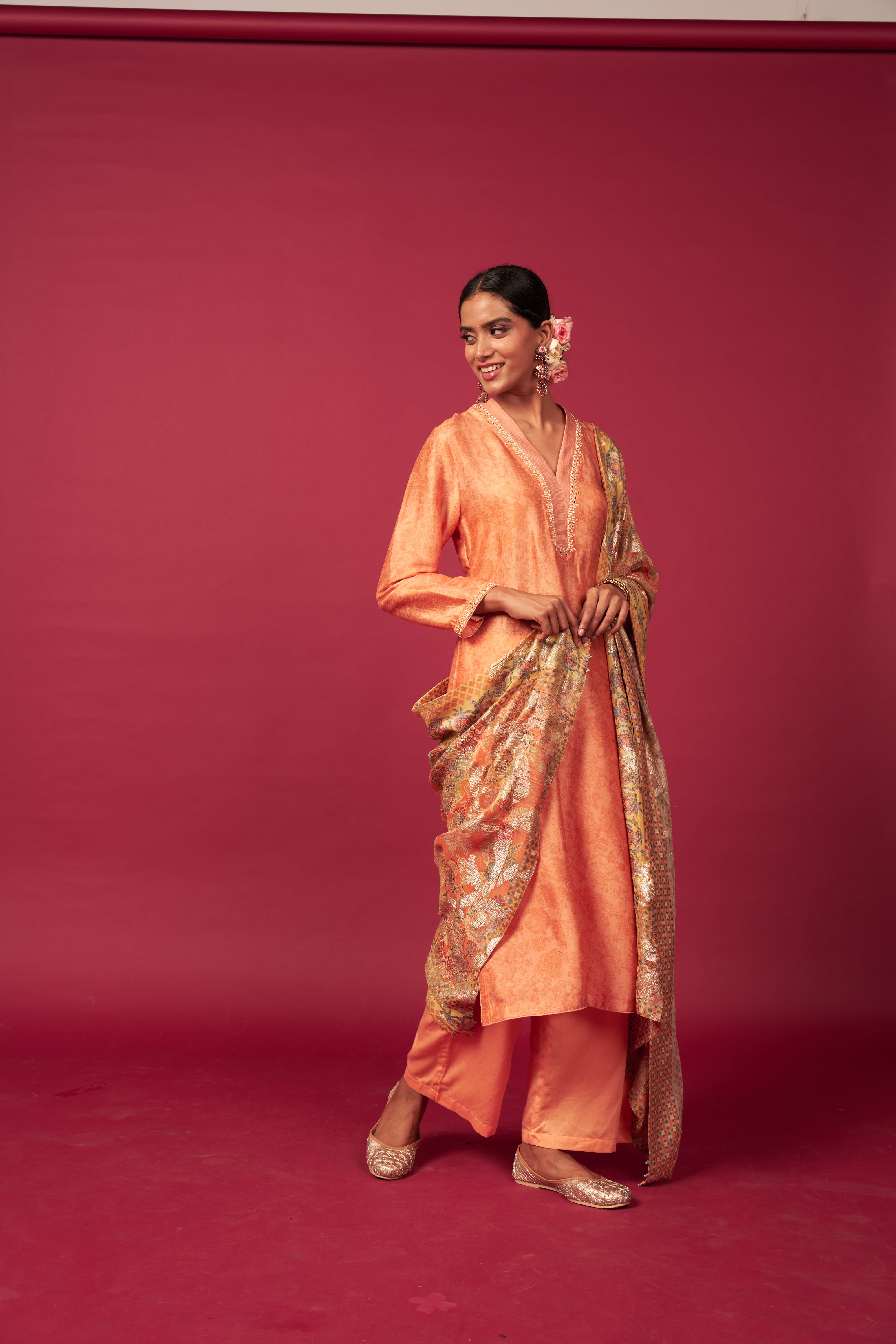 Zeyb Kurta Set with Dupatta - Peach