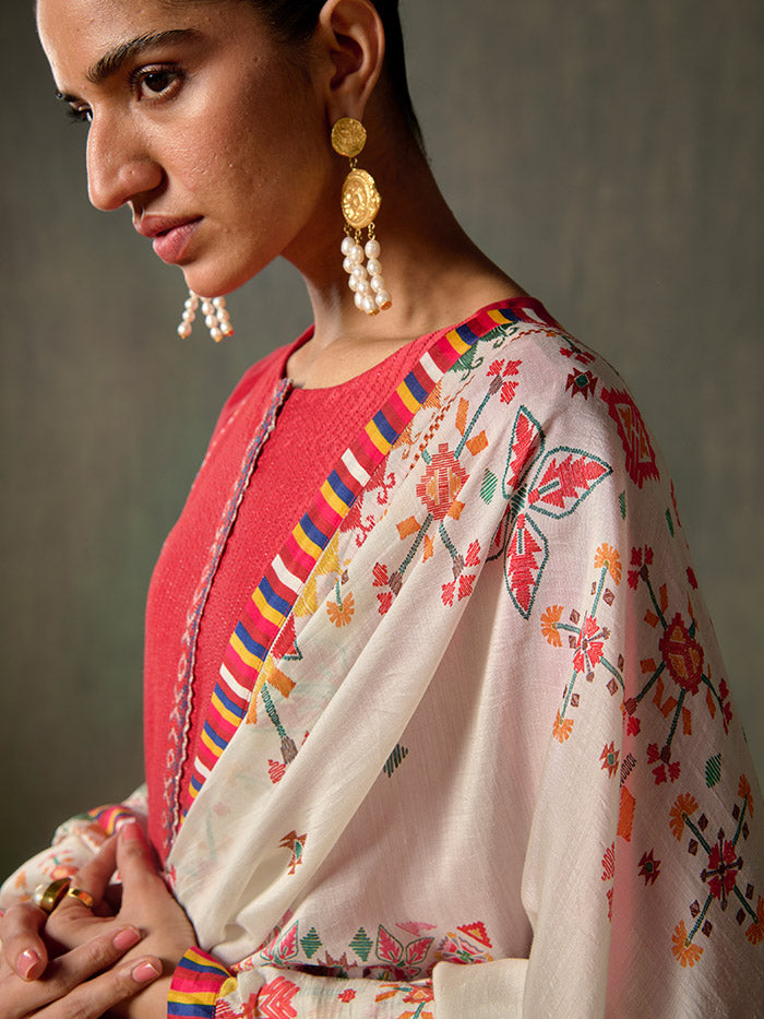 Off-white & Red Printed Dupatta | Shop Saundh Rozana