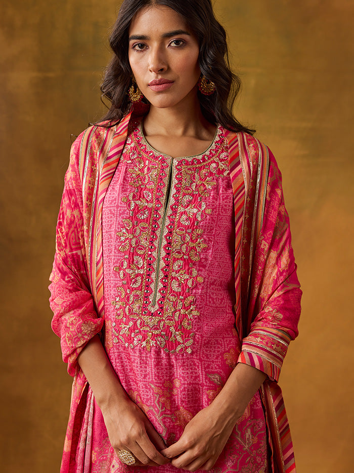 Karva Kurta Set with Dupatta  - Pink