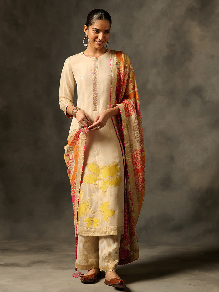 Kora Kurta Set with Dupatta - Ivory