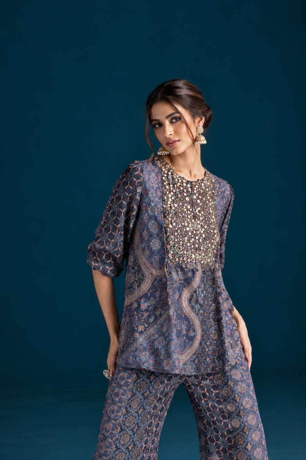 Nazm Ajrakh-Inspired Tunic & Palazzo Co-ord Set - Navy Blue