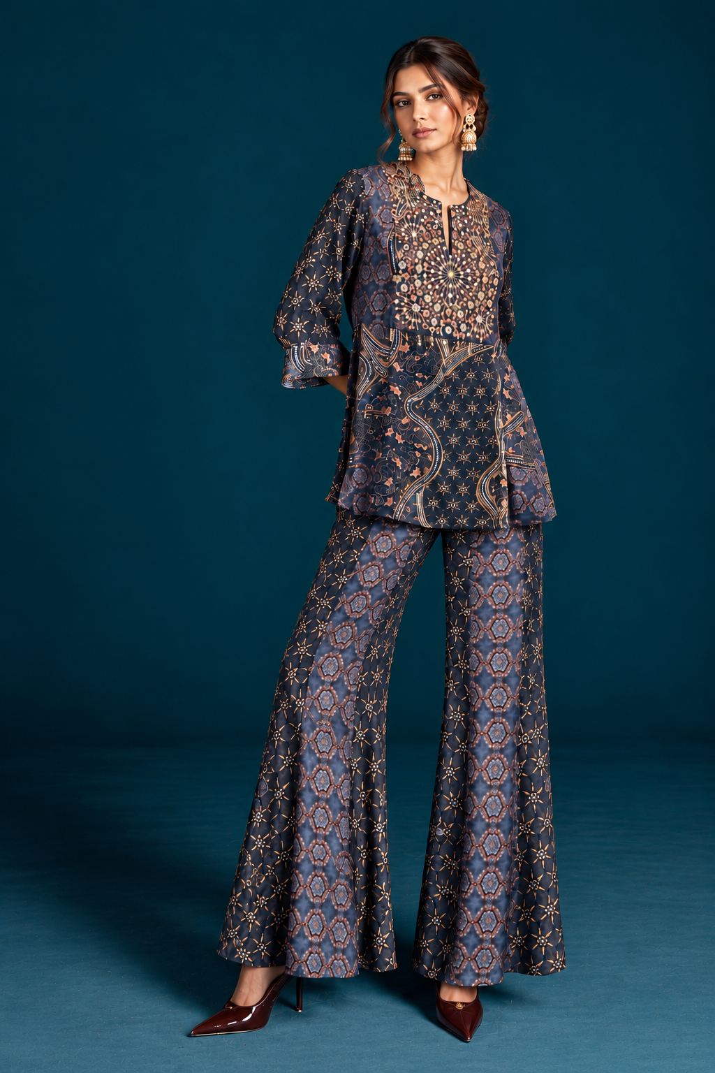 Nazm Ajrakh-Inspired Tunic & Palazzo Co-ord Set - Navy Blue