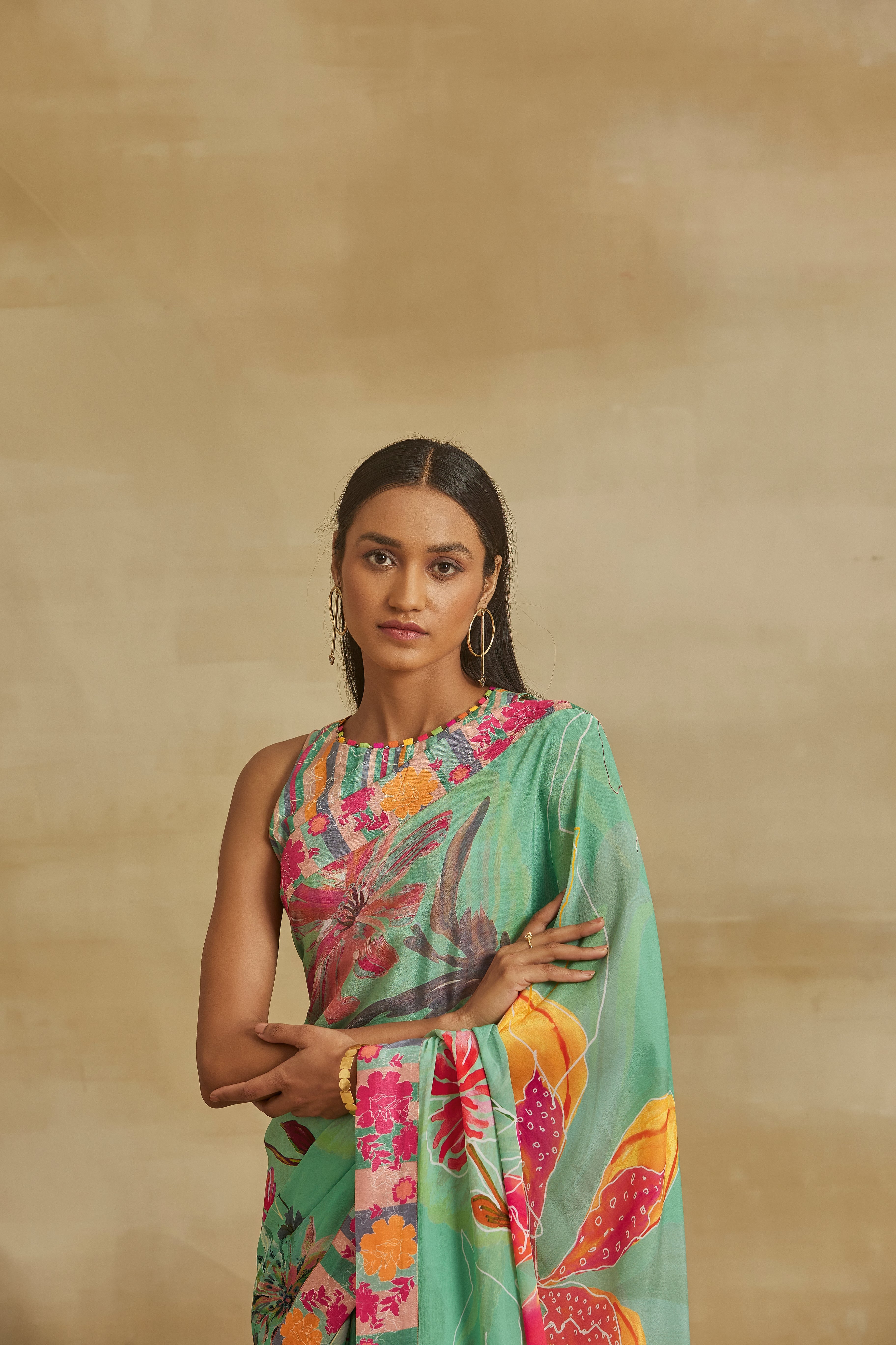 Floral Fantasy Green Saree