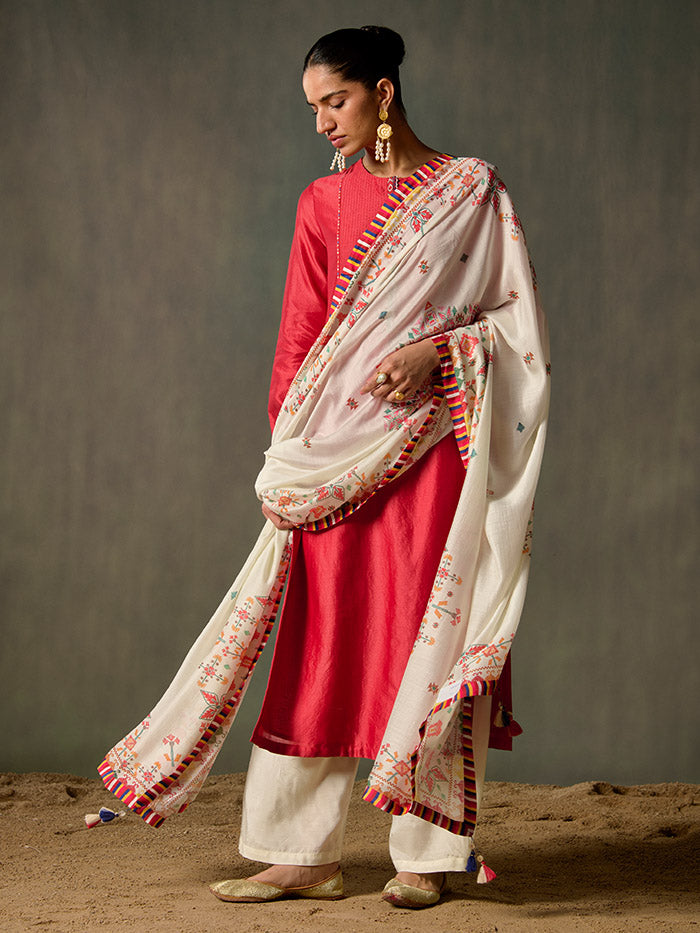 Rozana Dupatta - Off-white & Red