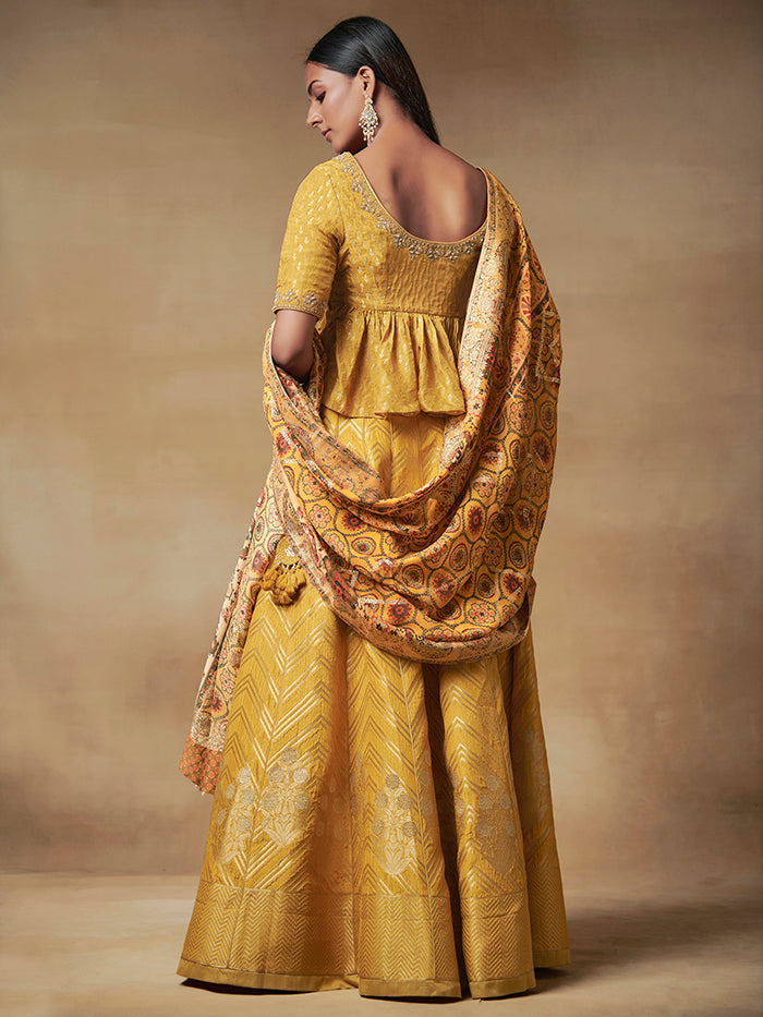 Kohima Mustard Yellow Jacquard Lehenga with Dupatta