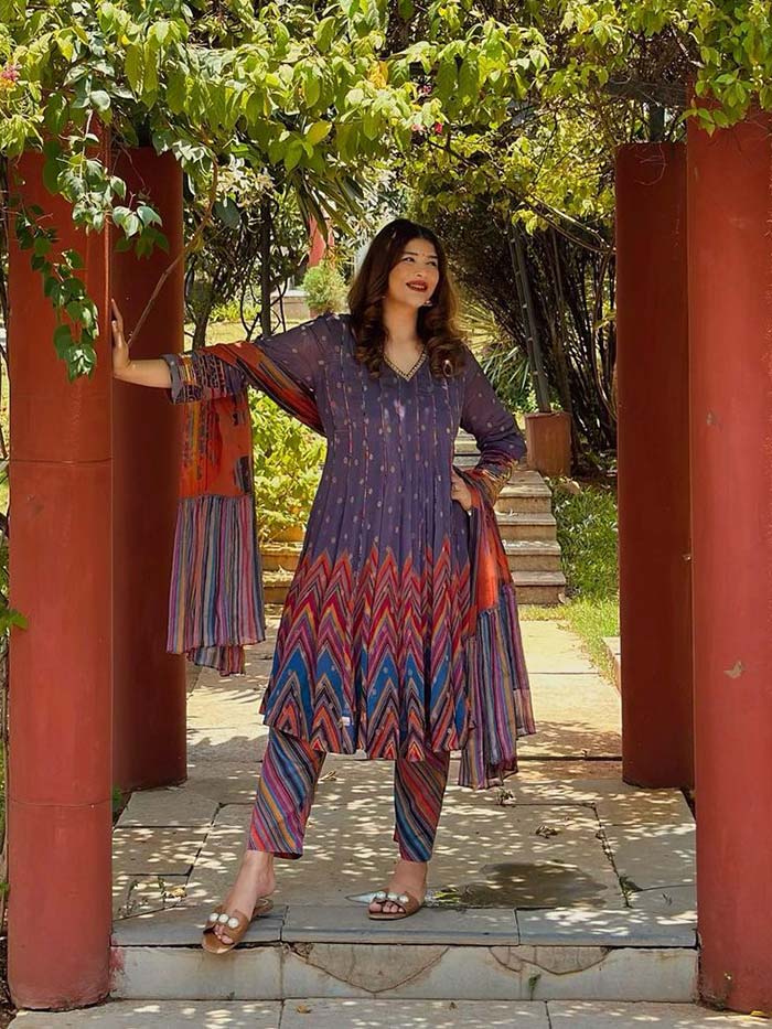 Myoko Purple Orange Anarkali Set with Dupatta