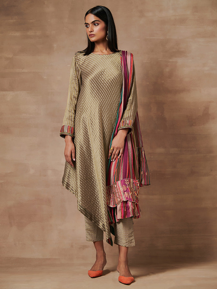 Myoko Gold Kurta Set with Multicoloured Stripes Dupatta