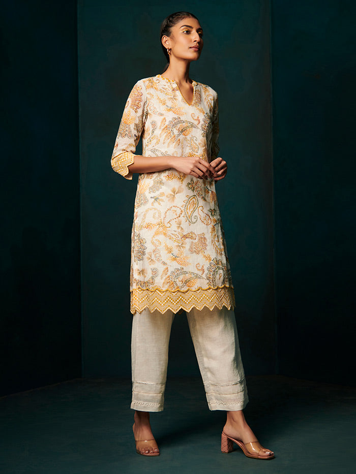 Paisley Kurta & Bottom Set - Off White