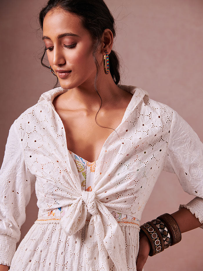 Schiffli Tie-up Shirt – White